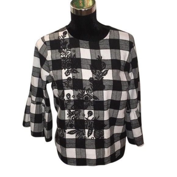 Kings Road Black/White Checked Embroidered Top NWT - Picture 1 of 9